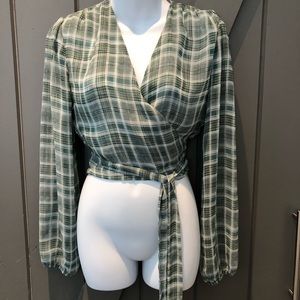 Adorable wrap blouse sheer plaid light green